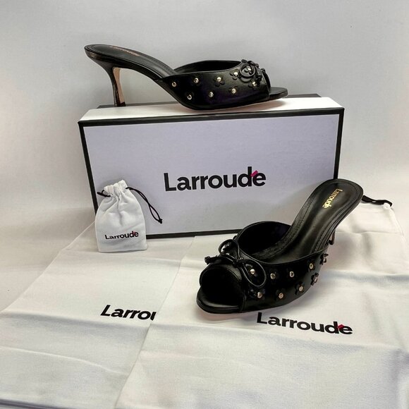 Larroude Jasmine Black Studded Leather Mule Size 8 Peep Toe Heel Slip-On - Picture 1 of 16
